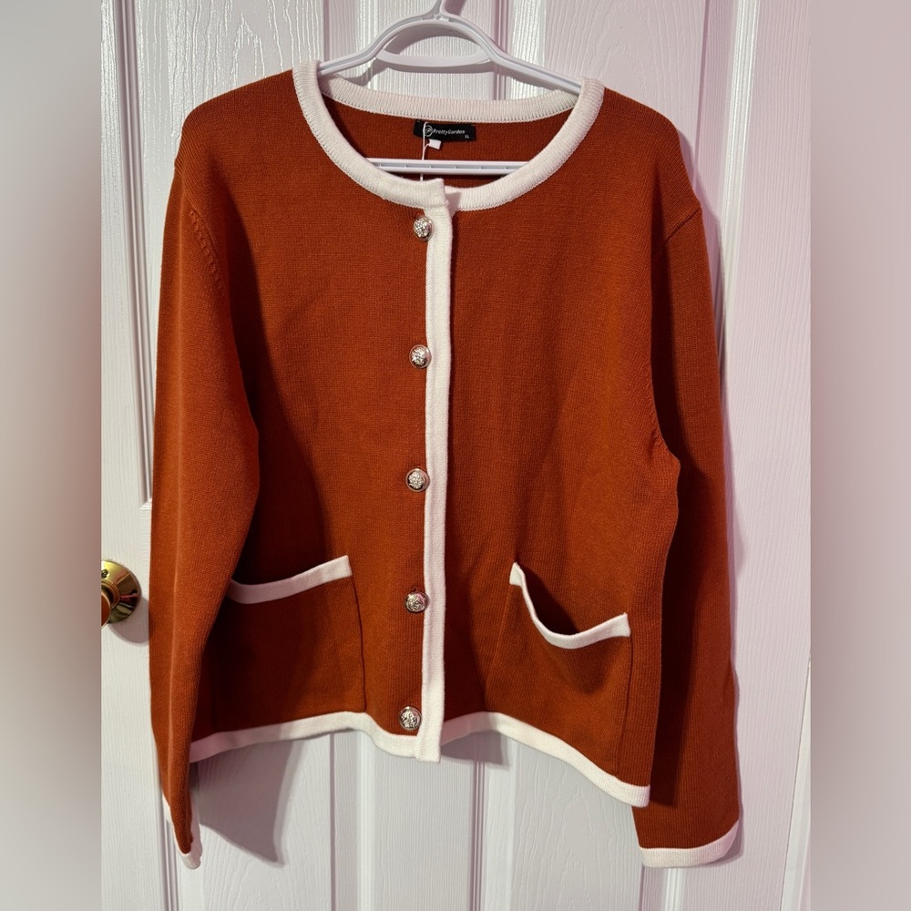 Elegant Rust Cardigan with White Accents